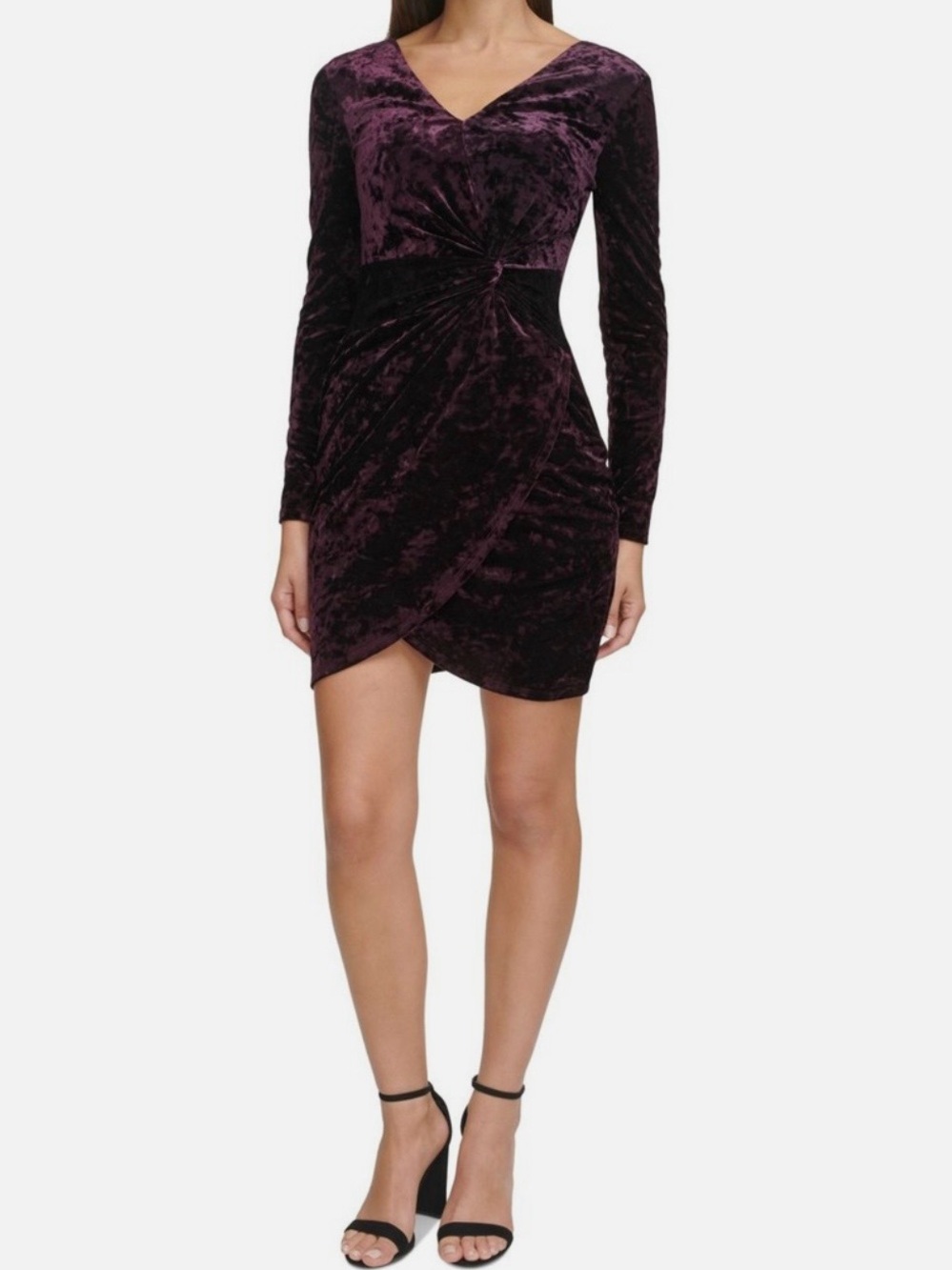 Guess Plum Velvet Twist-Front Long Sleeve Mini Dress